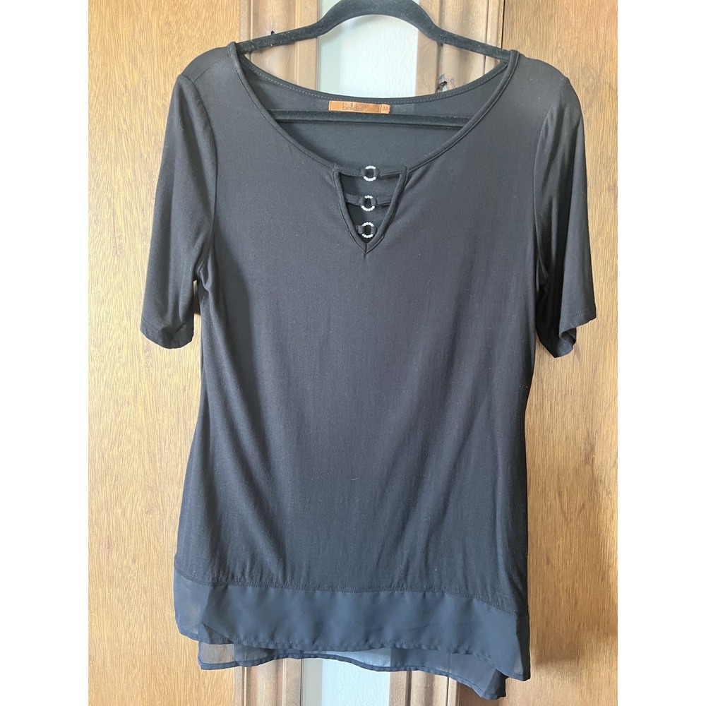 BELLDINI-Woman's Navy Blue Short Sleeve Shirt W/Rhinestone Accents Size M